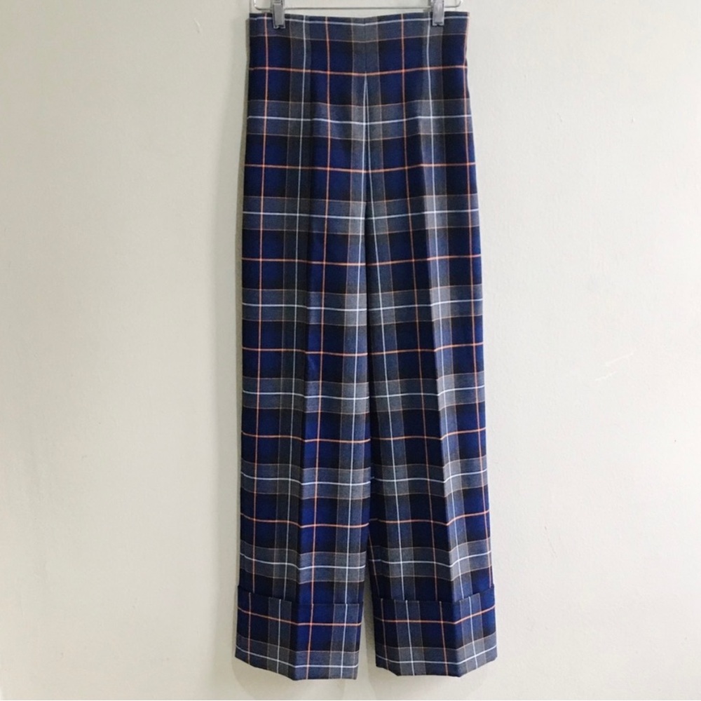 Zara Turned Up Hem Navy & Orange Plaid Trousers